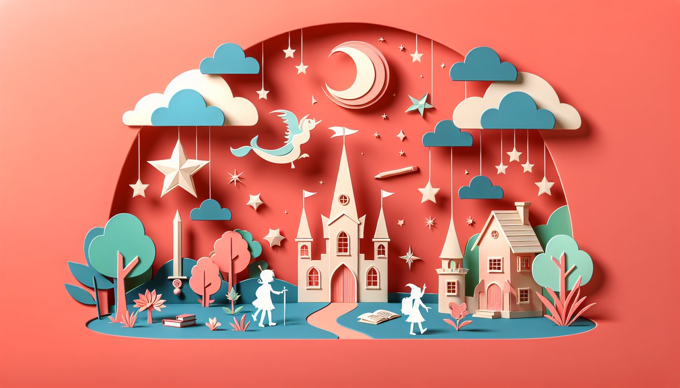 paper art sorting hat wand owl castle and quiz banner on coral background