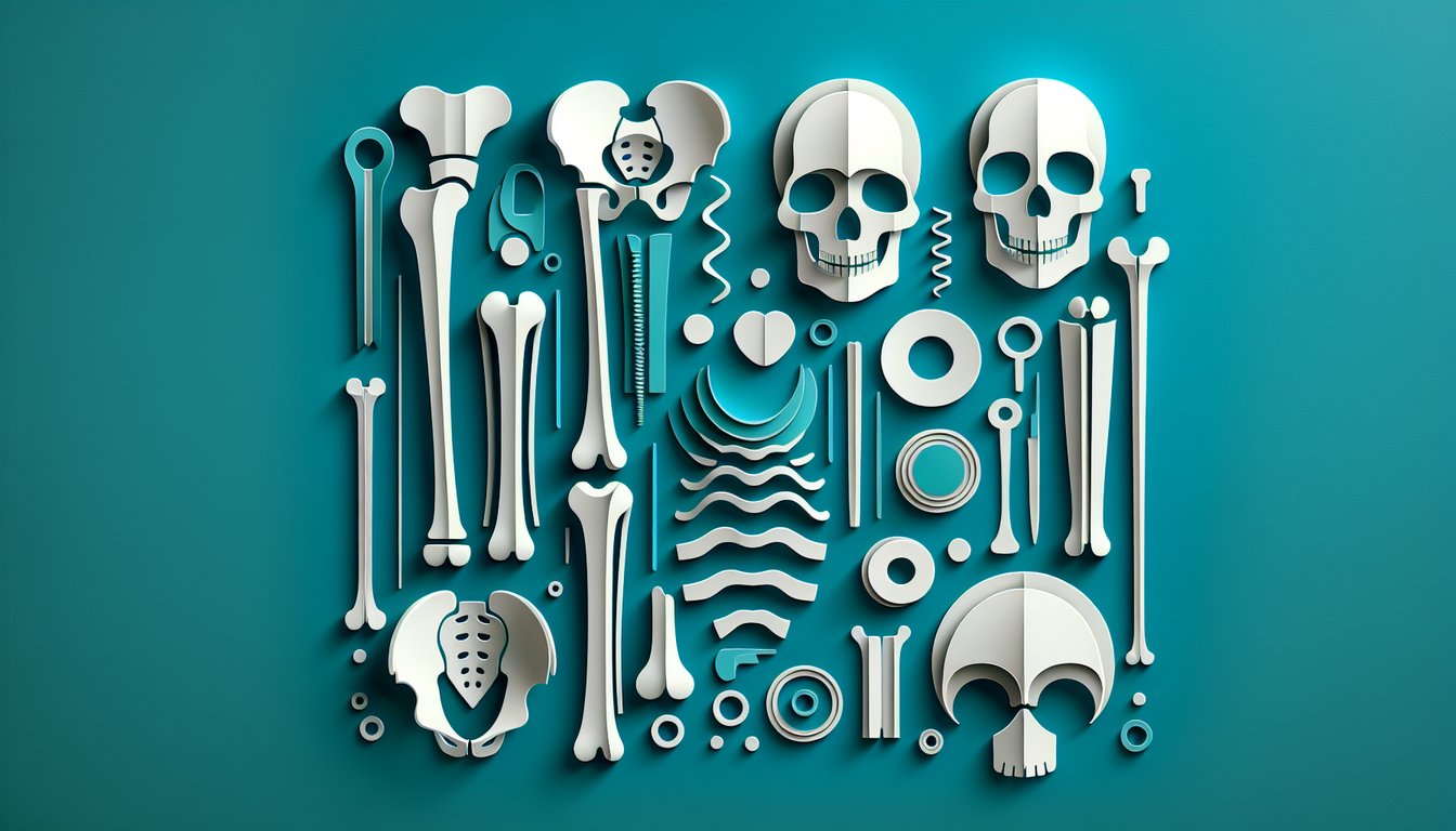 Paper art skeleton drawing with labeled bones on teal background for skeletal anatomy naming quiz