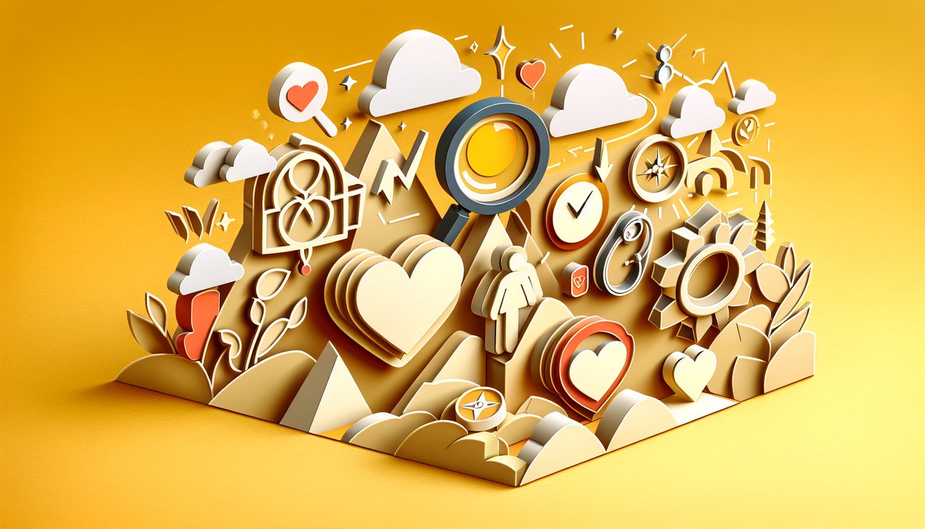 Paper art heart puzzle and arrow motifs on golden yellow background suggesting relationship quiz