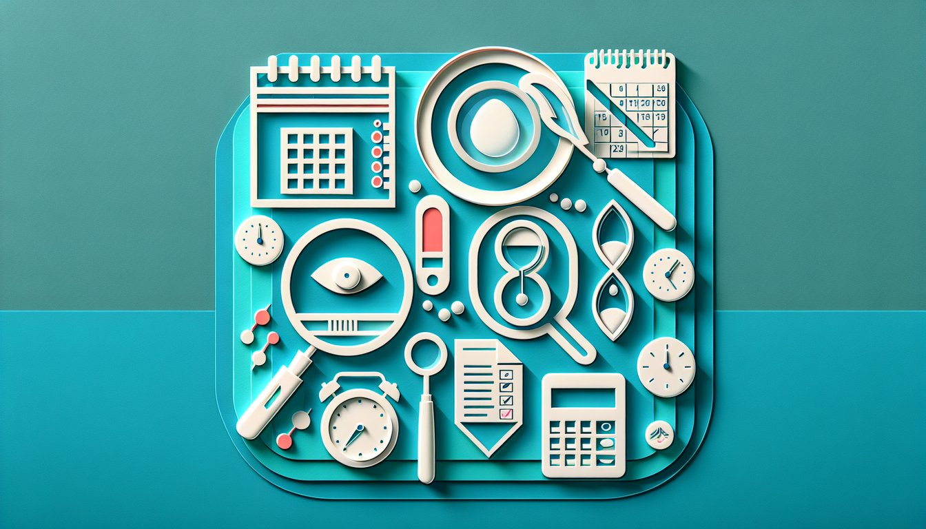Paper cut style woman silhouette with quiz icons including calendar pages pregnancy test question marks on teal background