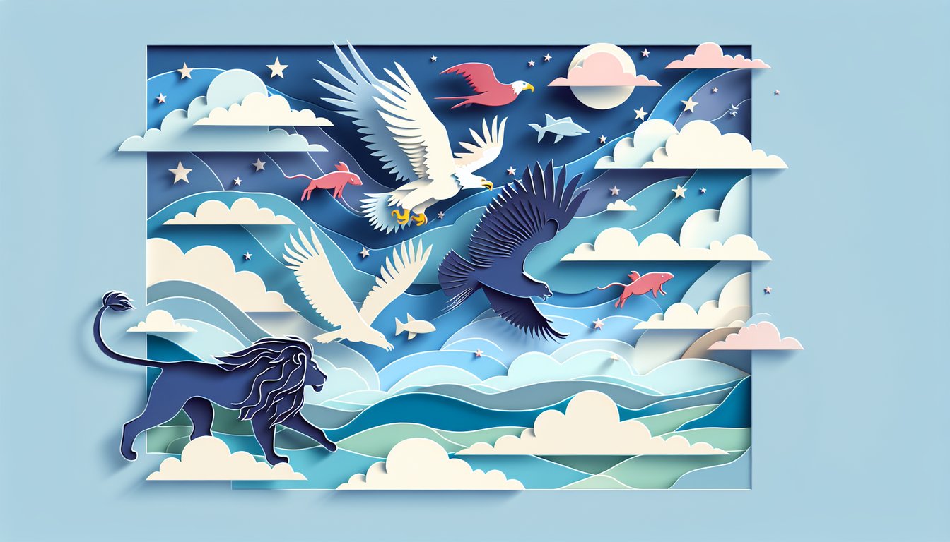 Paper art illustration for What Animal Am I quiz on sky blue background