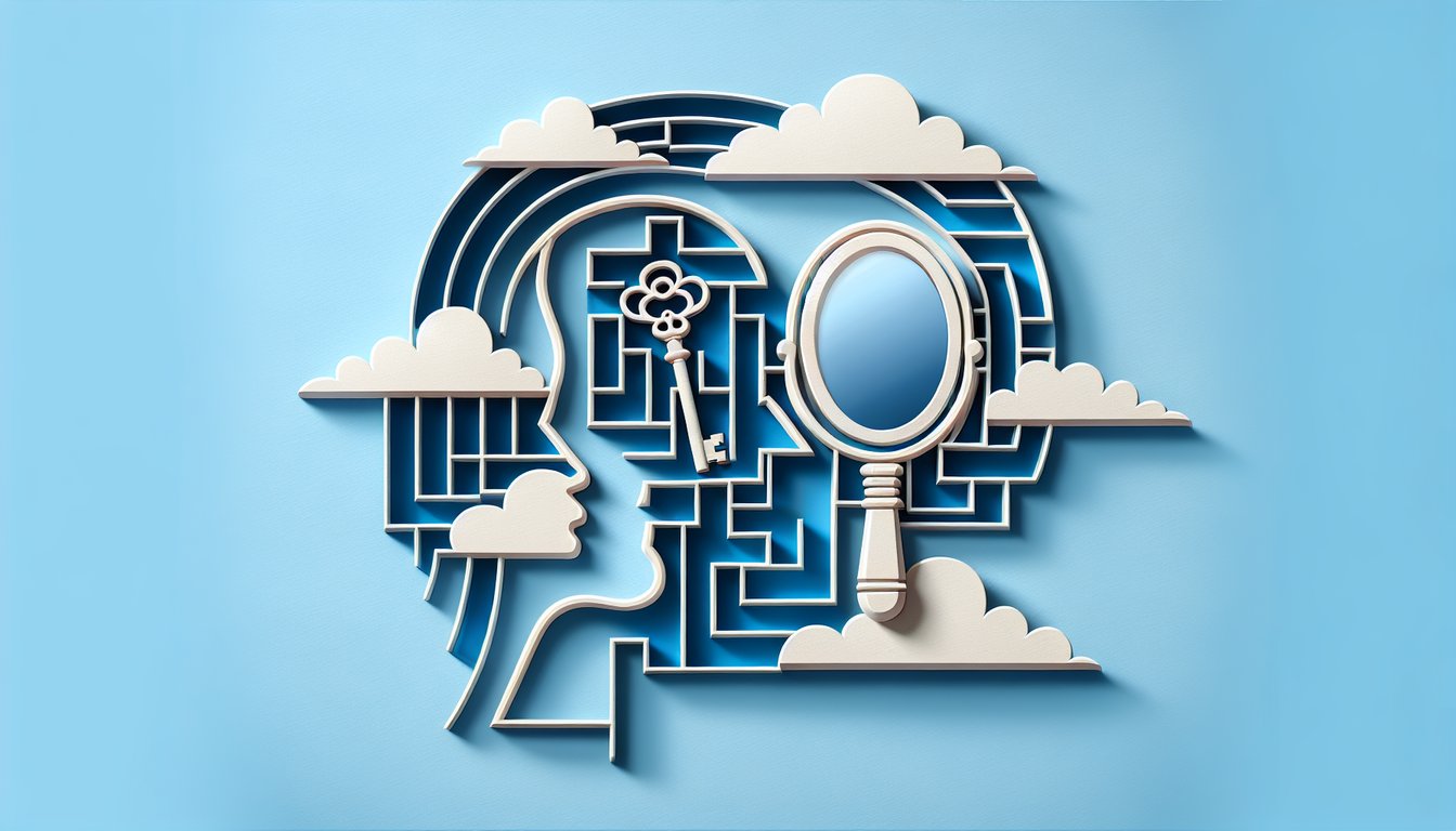 Paper art illustration showing hands holding magnifying glass over question mark and brain icon on sky blue background