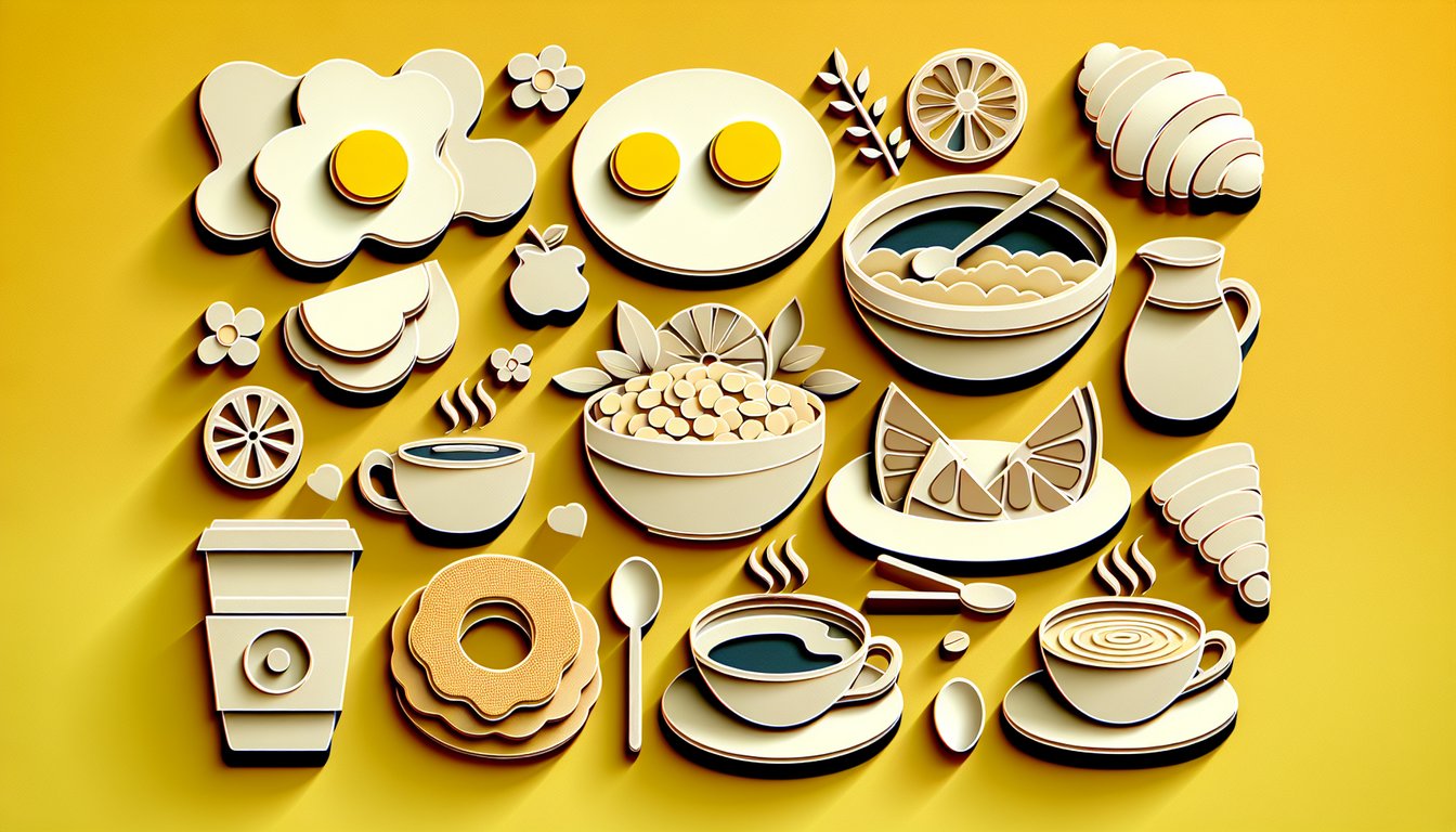 Paper art breakfast items toast eggs coffee waffle fruit bowls with question marks on golden yellow background