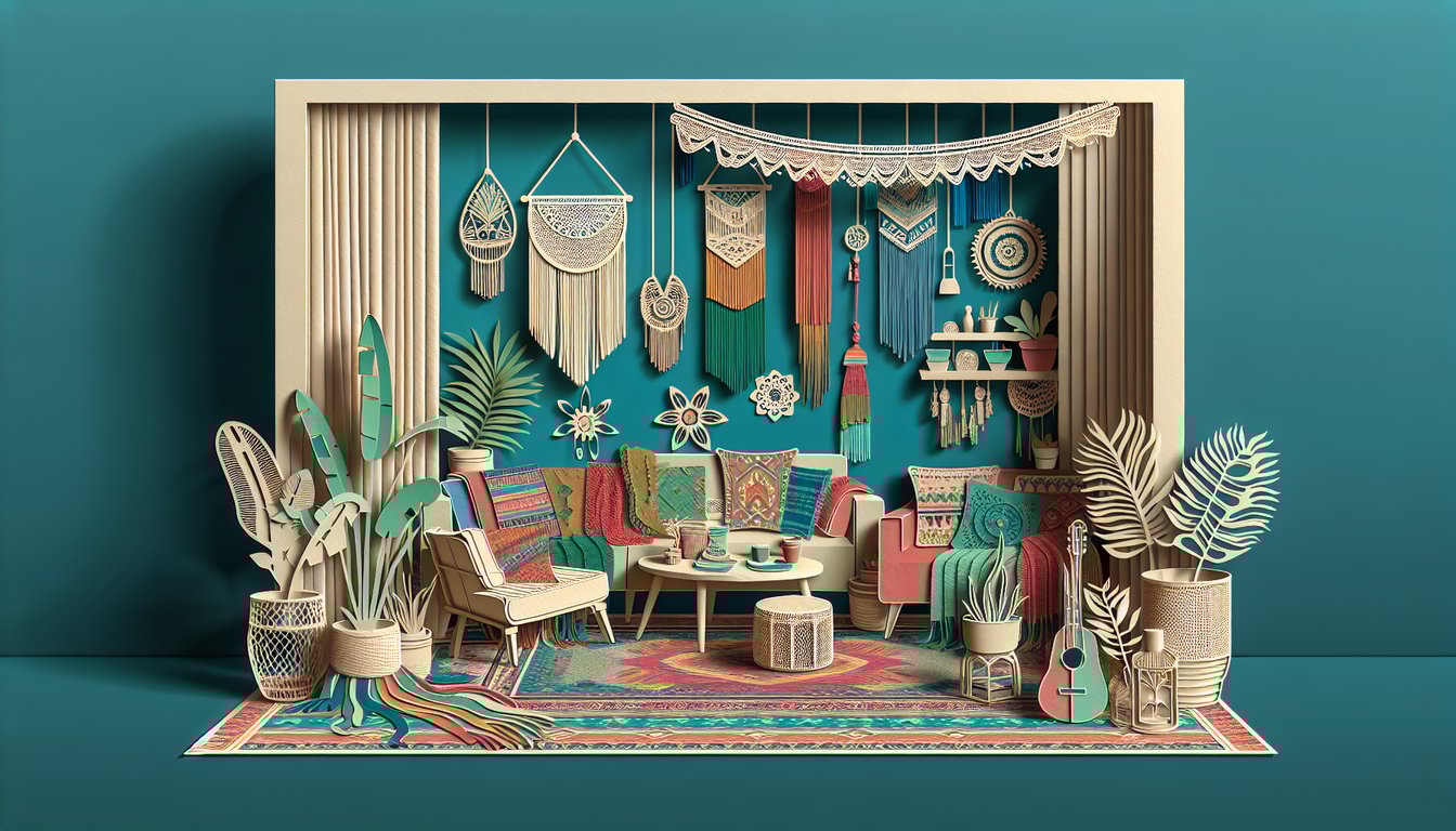 Paper cut art featuring bohemian elements wreath with feathers beads dreamcatcher sun moon symbols on teal background.