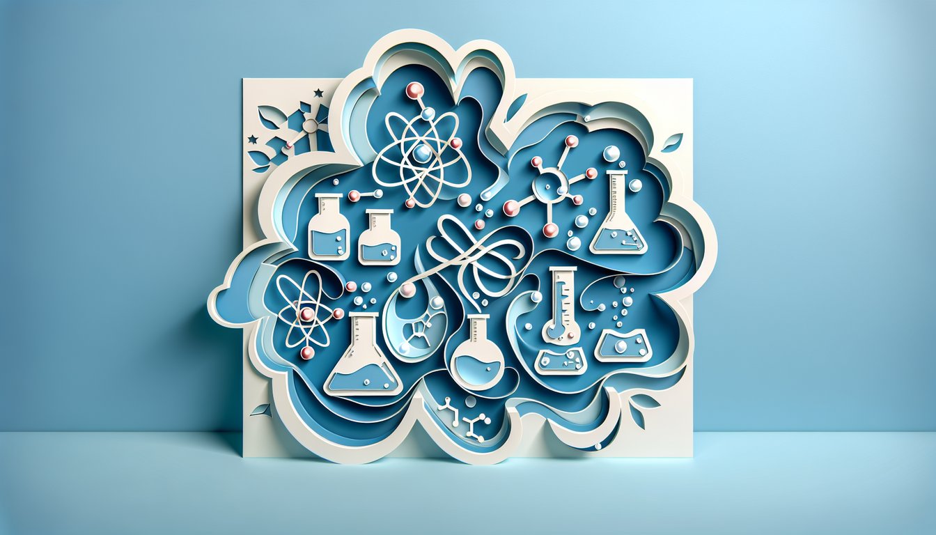 Paper art style chemistry quiz with molecules test tubes and question mark on sky blue background