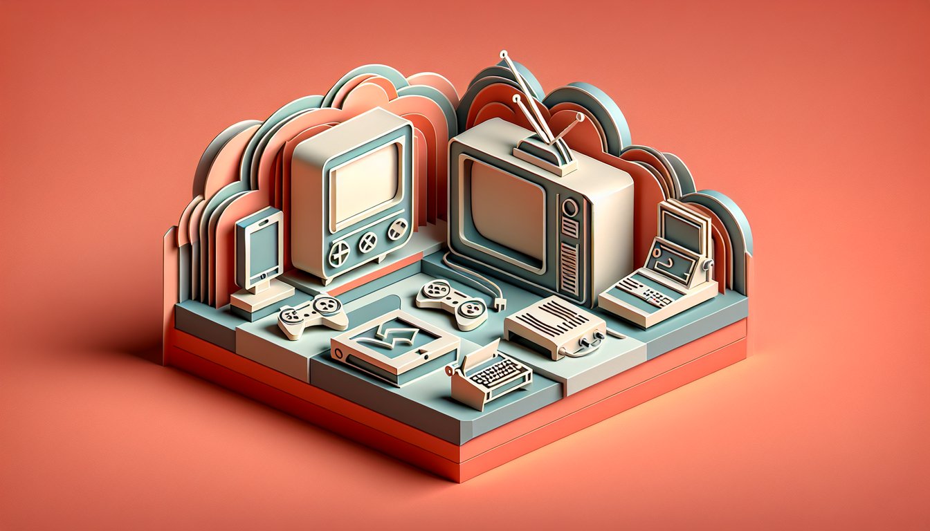 Paper art illustration of laptop streaming video, game controller, video call icon, speedometer on coral background