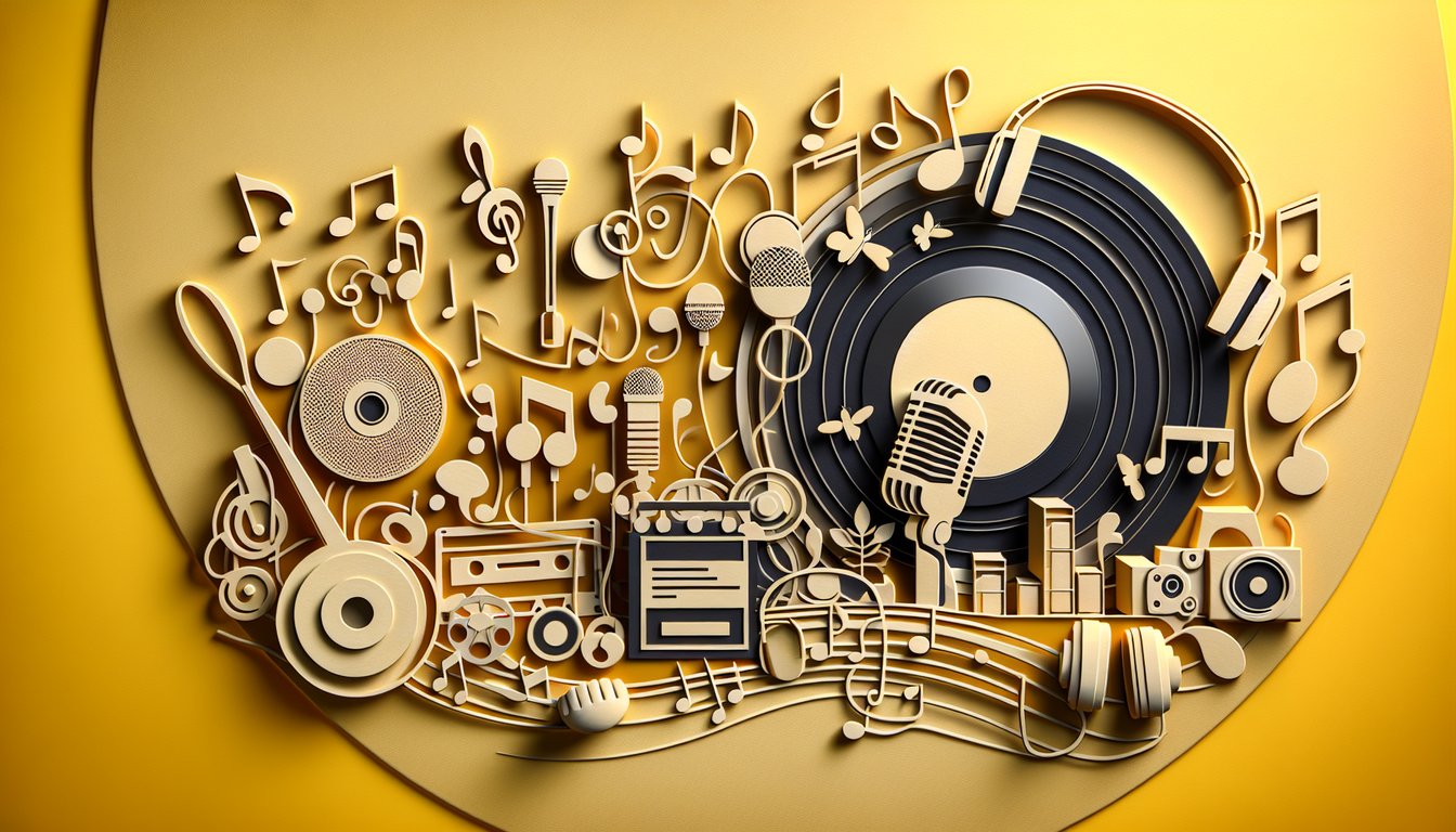 Paper art illustration for music quiz with iconic song lyrics on golden yellow background