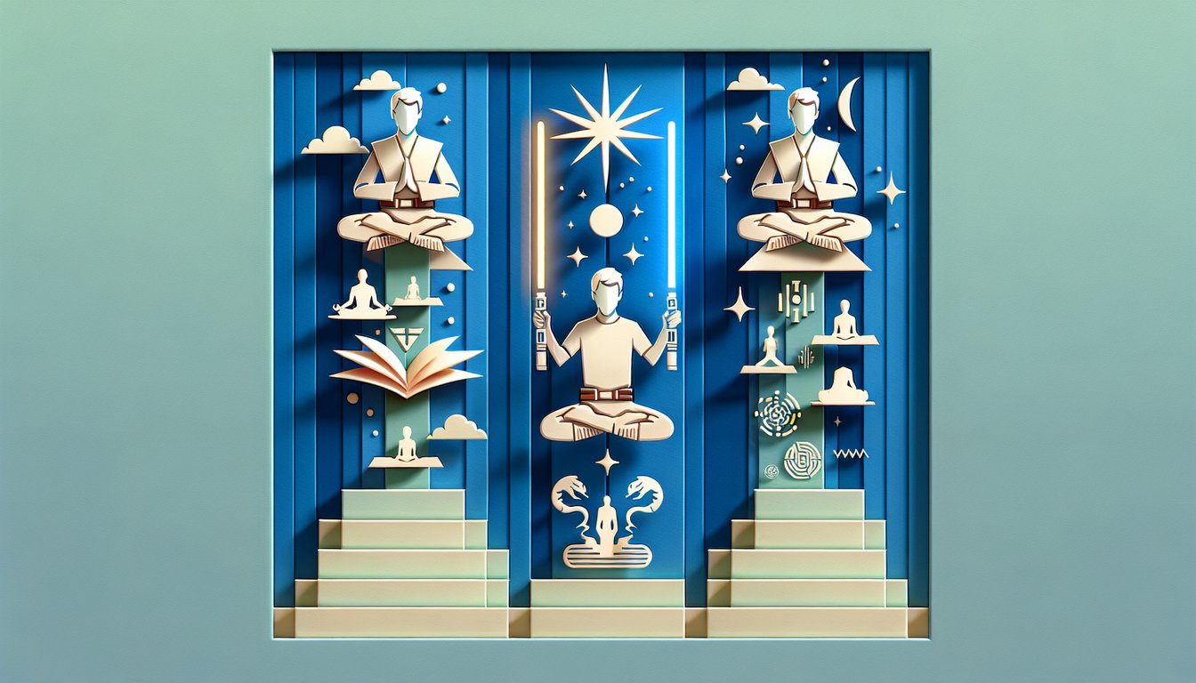 Paper art style Jedi lightsaber, ancient Star Wars Old Republic symbols, sky blue background, KOTOR Jedi quiz