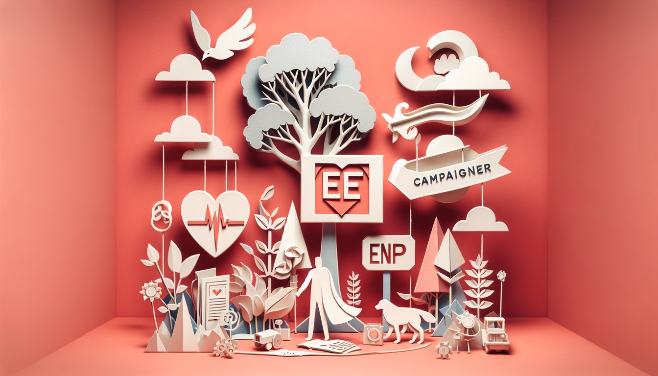 Paper art illustration for ENFP personality test quiz on a coral background