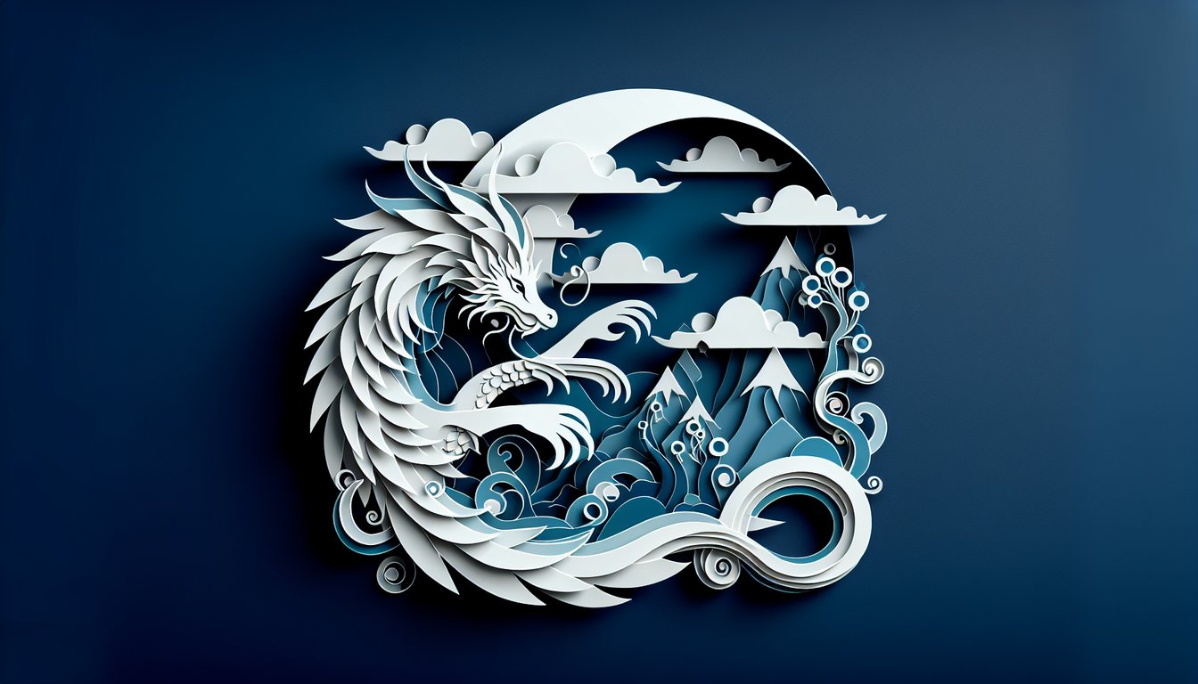 Layered paper art Chamrosh legendary Persian bird creature on dark blue quiz background
