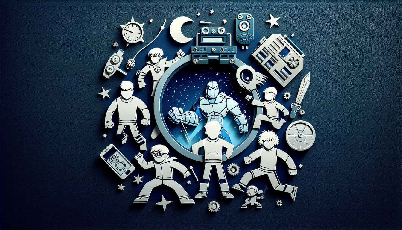 Paper art illustration of fearless leader and gadget guru characters with quiz title on dark blue background