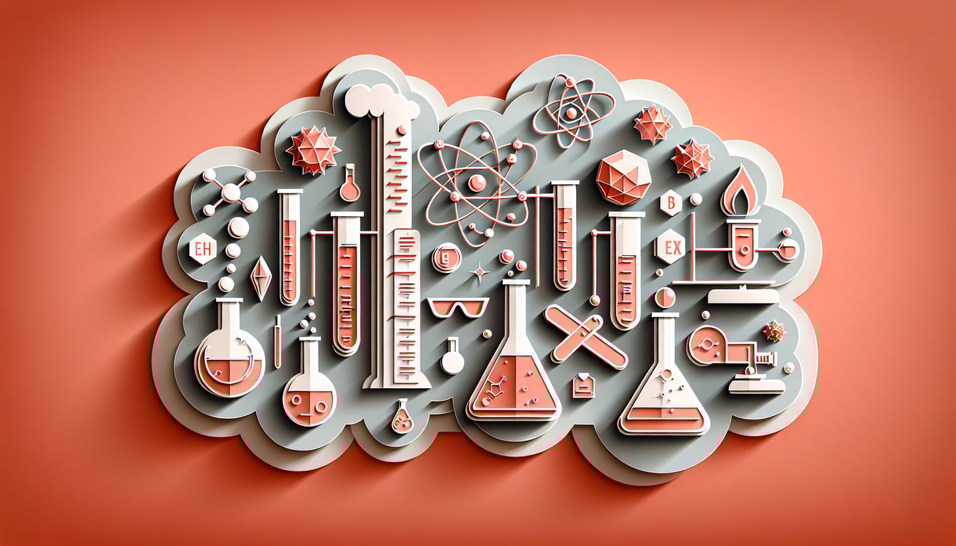 Paper art chemistry quiz with beaker scale molecule on coral background representing intensive vs extensive properties