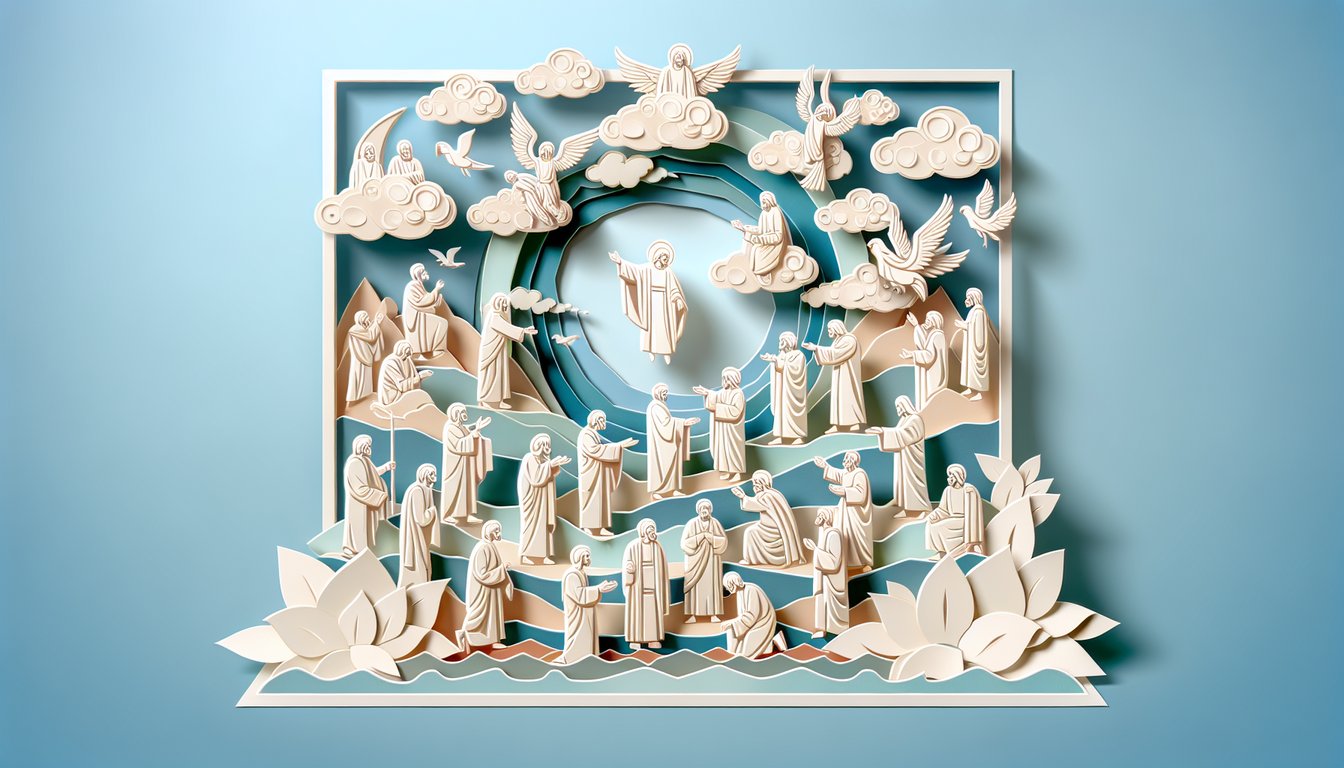 Paper art illustration for Bible quiz on Acts of Apostles on a sky blue background