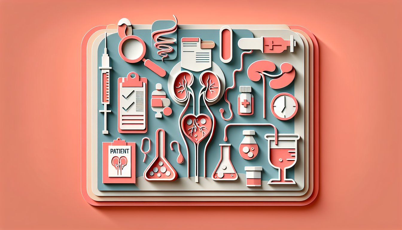 Paper art illustration showing kidneys bladder test tubes water drop on coral background for urinary disorders quiz