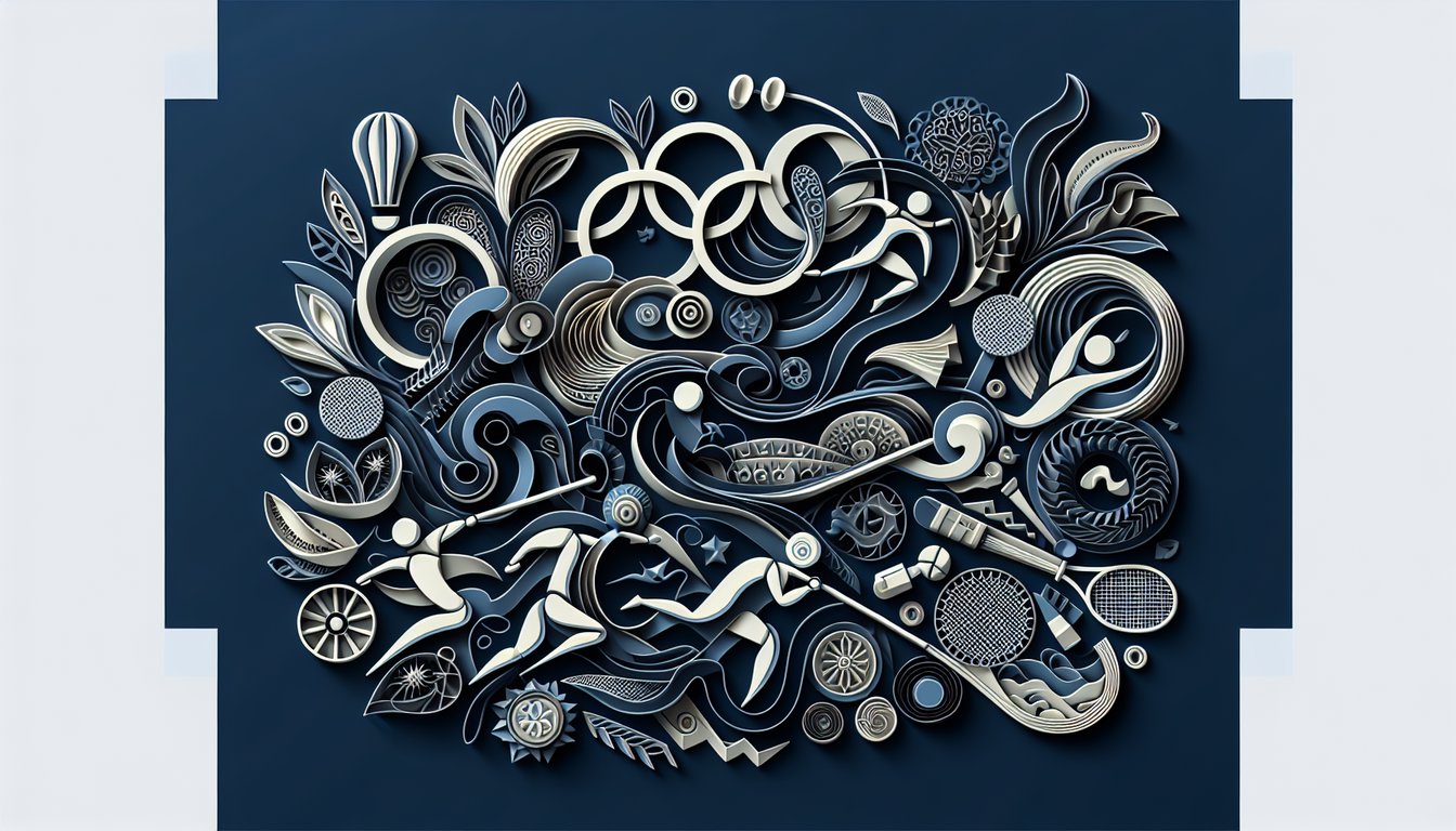 Colorful paper art featuring Olympic rings and sports equipment for Olympic Games Trivia Quiz.