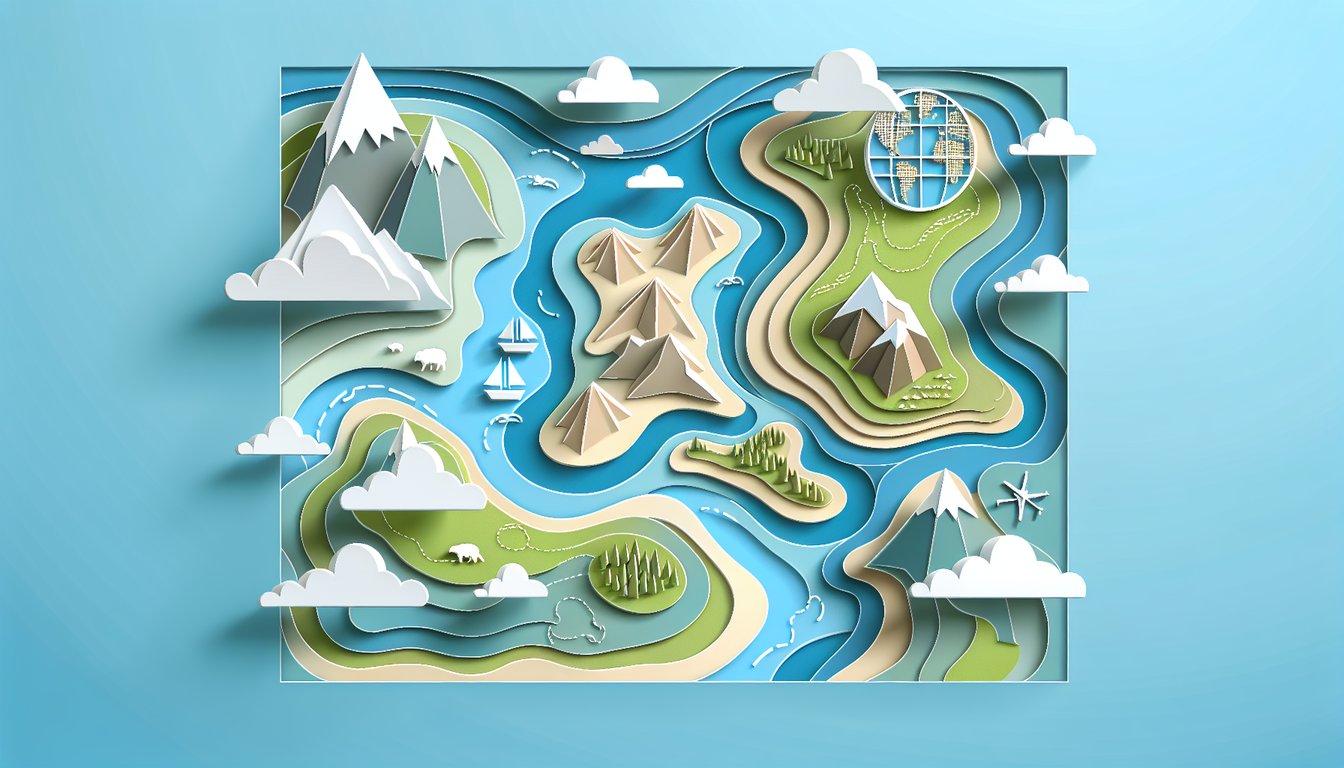 Paper art illustration of 6 geography icons globe map compass layers on sky blue background for a free geography quiz