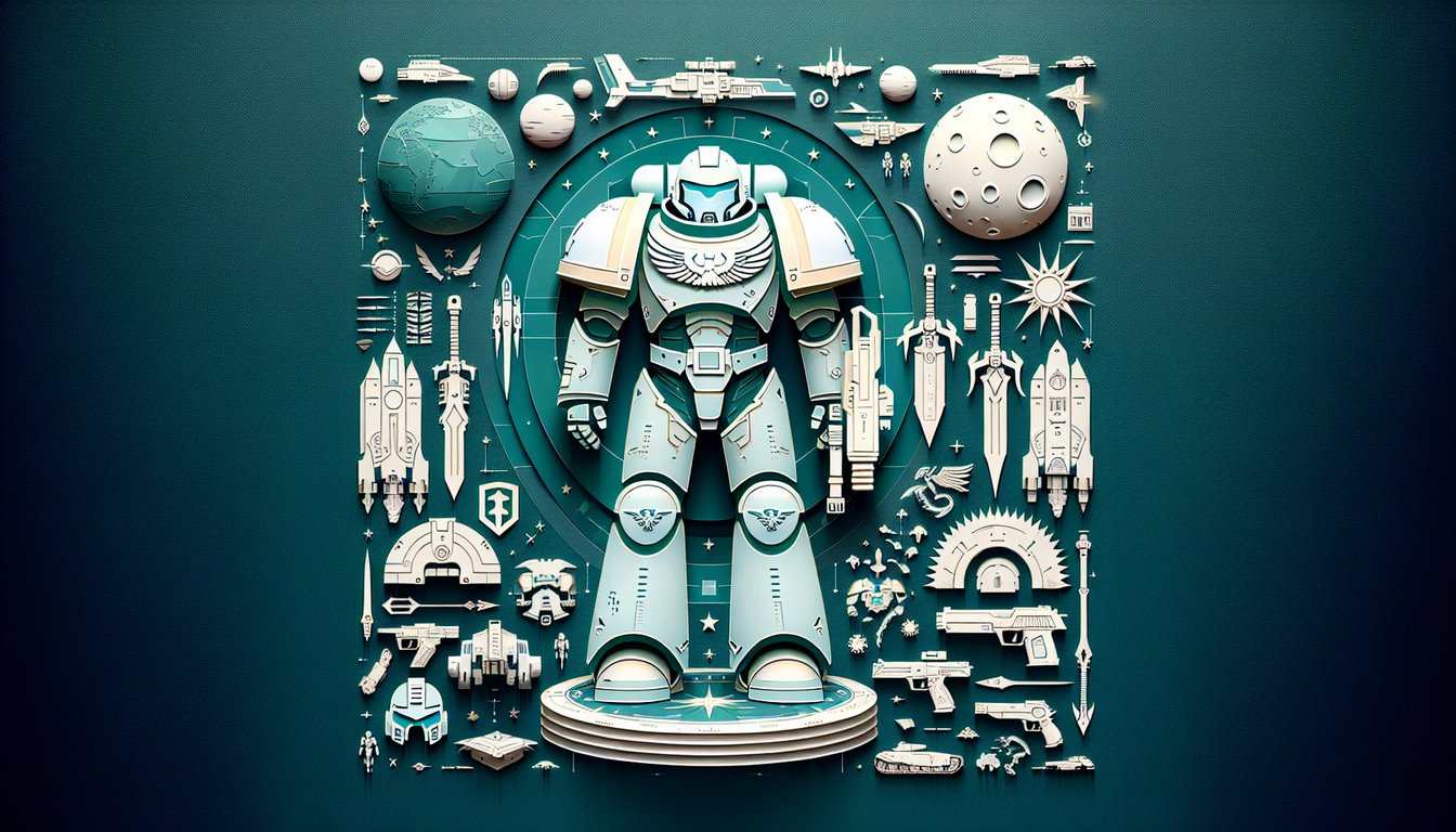 Paper art illustration for Horus Heresy legion quiz on teal background