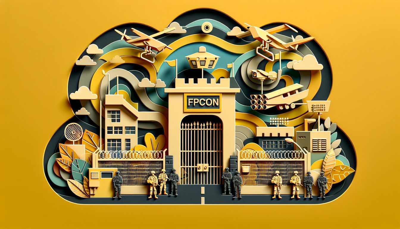 Paper art illustration for FPCON knowledge quiz with module 3 pretest questions on a golden yellow background