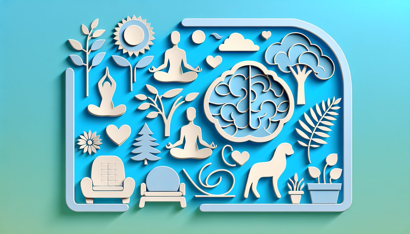 Paper art brain puzzle pieces surrounding mental health quiz title on sky blue background.