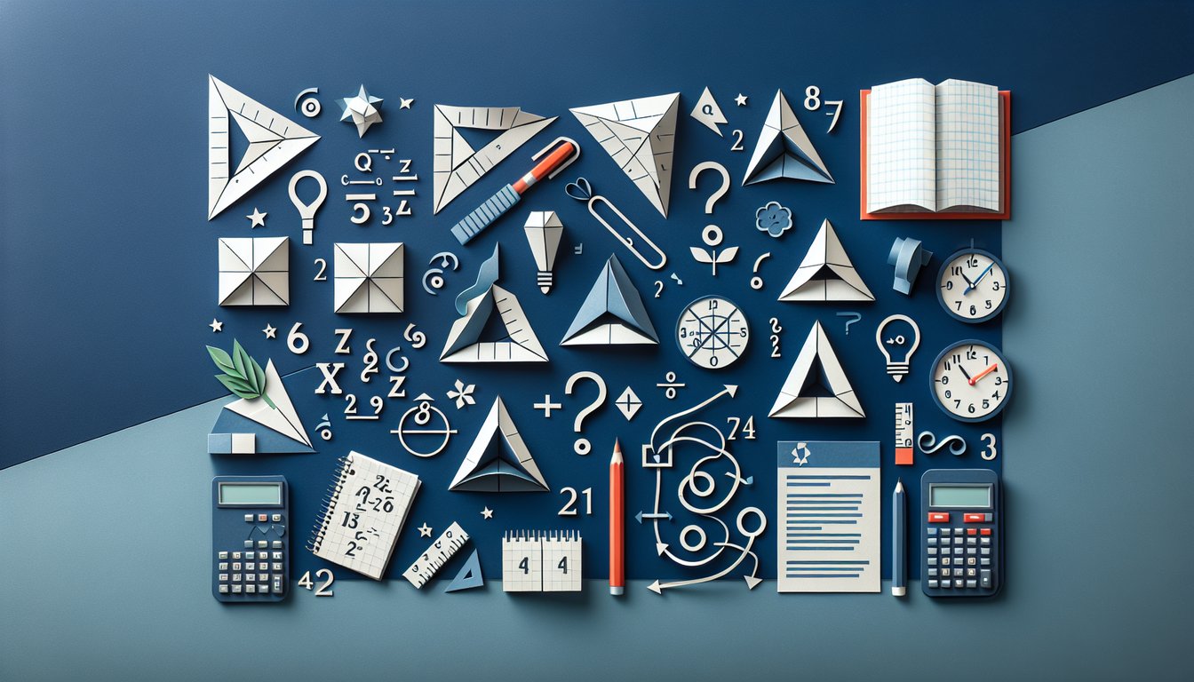 Colorful paper art promoting a Triangle Proofs Mix-Up trivia quiz for high school geometry students.