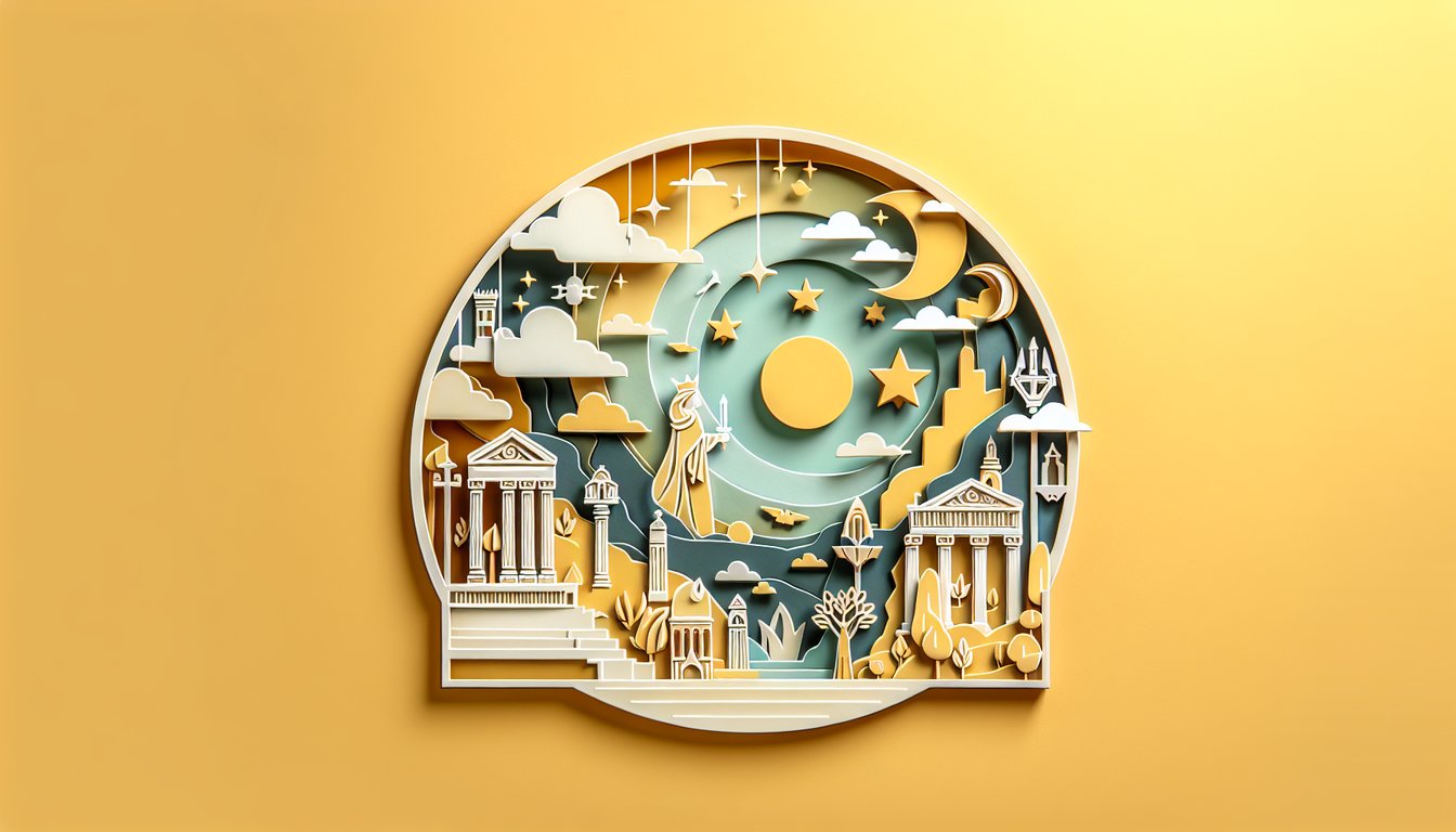 Paper art illustration of Macbeth quotes quiz on golden yellow background, featuring iconic lines from Acts 1-3 and speakers