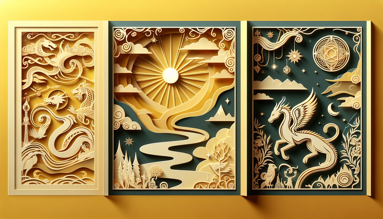 Paper art Six of Crows characters on golden yellow background for a personality quiz matching you to a Grishaverse hero