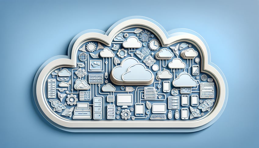 paper art style cloud icons laptop quiz sheets checklist storage model symbols on sky blue background