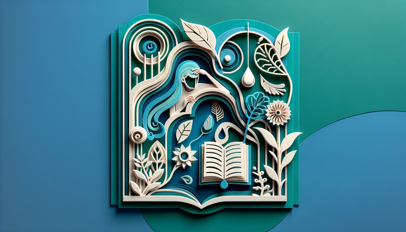 Paper art quiz illustration with torn heart and teardrop shapes emerging from folded pages on teal background