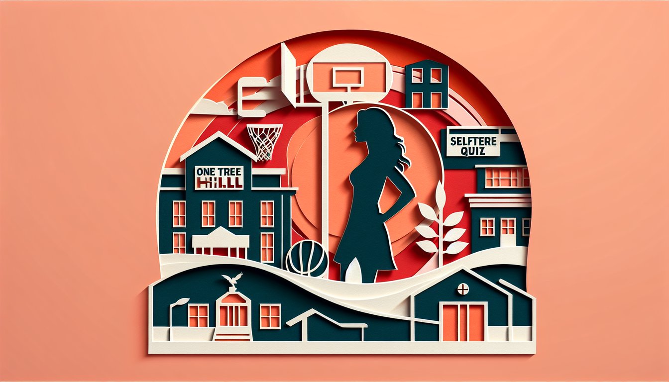 Paper art illustration of One Tree Hill quiz theme with female silhouettes flowers and text elements on coral background