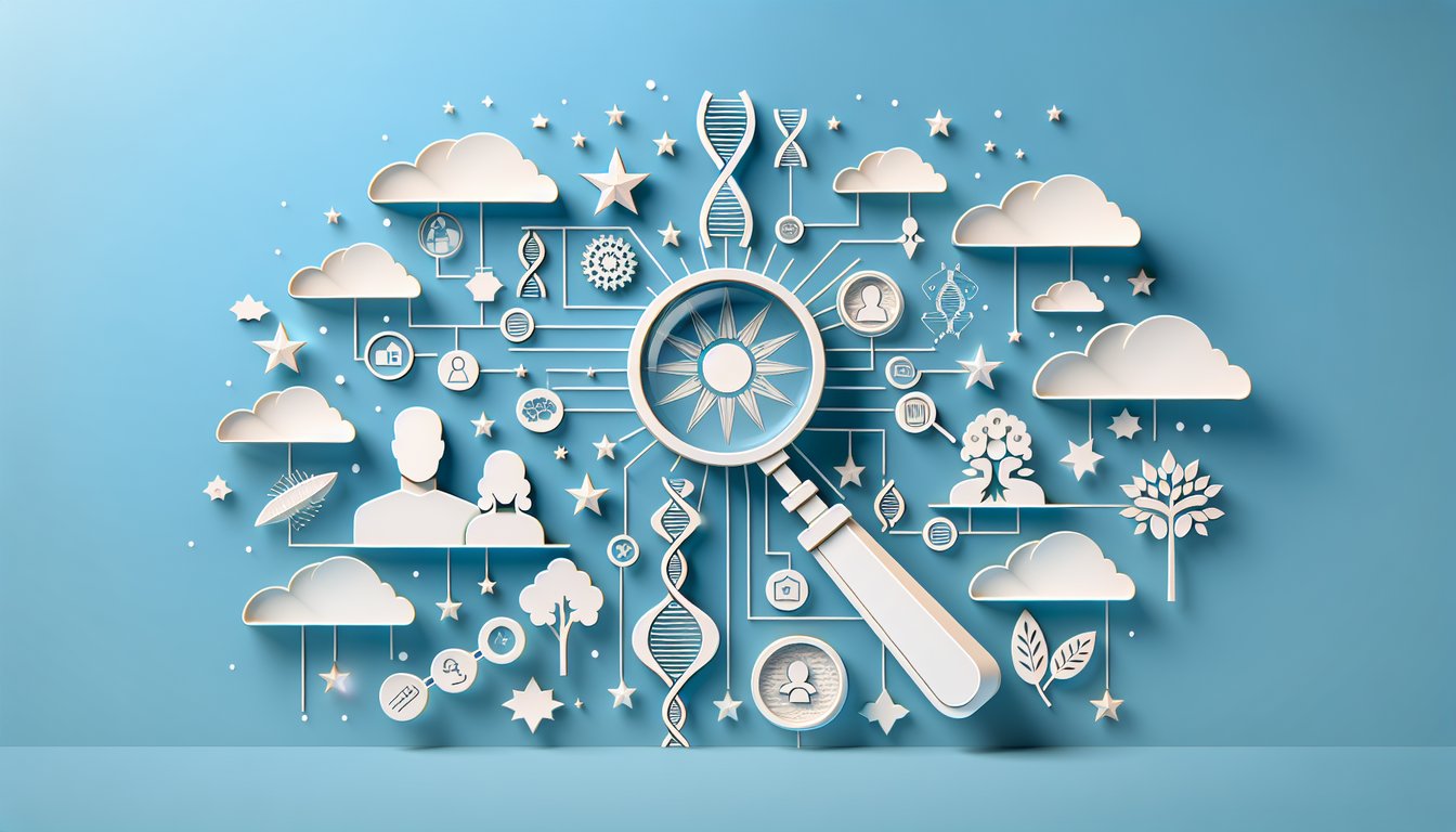 Paper art illustration for quiz exploring potential celebrity ties on a sky blue background