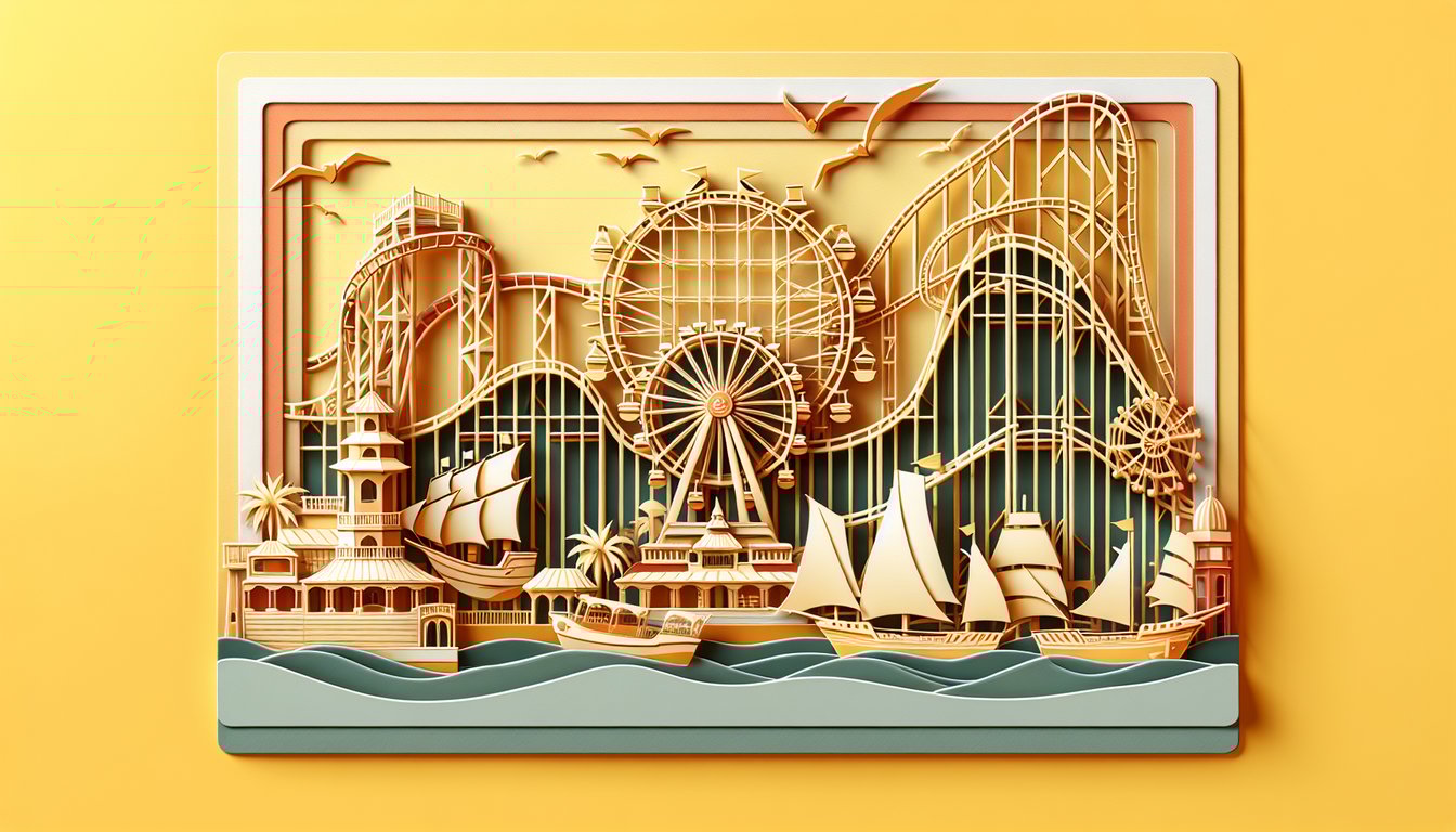 Paper art illustration for Six Flags Magic Mountain trivia quiz on golden yellow background