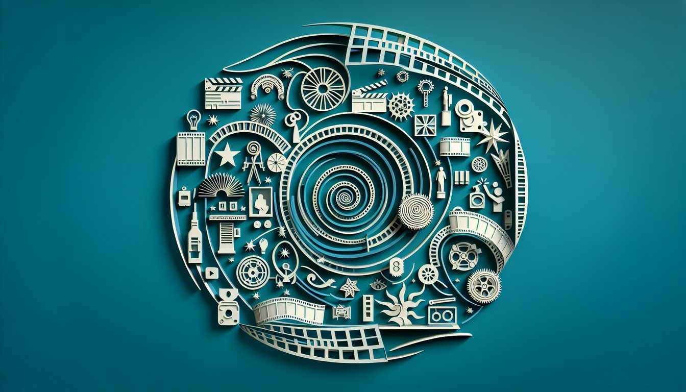 paper art style film reel question mark character silhouettes on teal background for Journey From the Fall trivia quiz