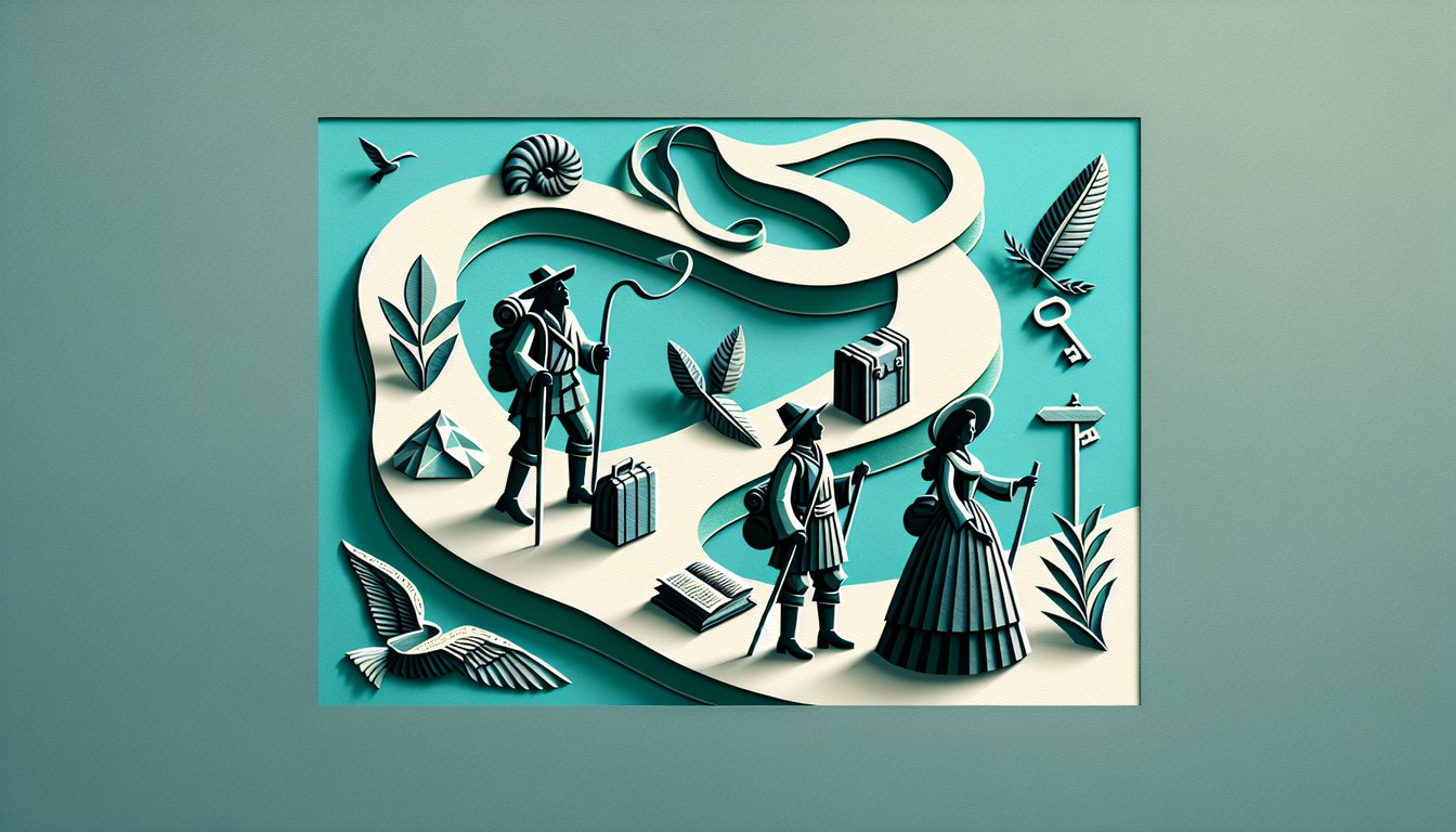 Paper art illustration of allegorical travelers on a winding path to a distant city, quiz title on teal background.