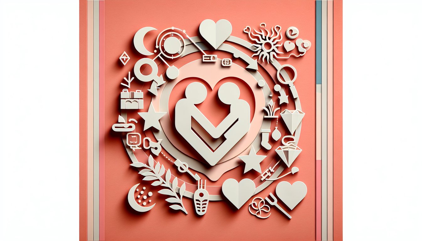 Paper art of layered hearts linked by strips on coral background symbolizing love bonds and relationship quiz