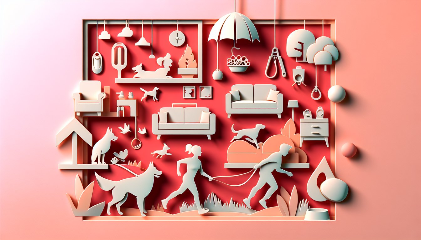 Paper art dogs and quiz symbols on coral background representing a personality quiz to find the perfect pup