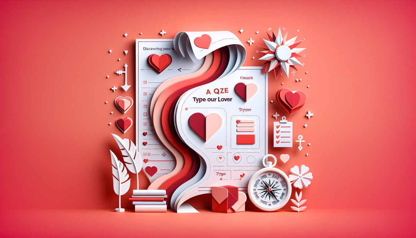 Paper art hearts letters and arrow shapes on coral background inviting playful romantic personality quiz