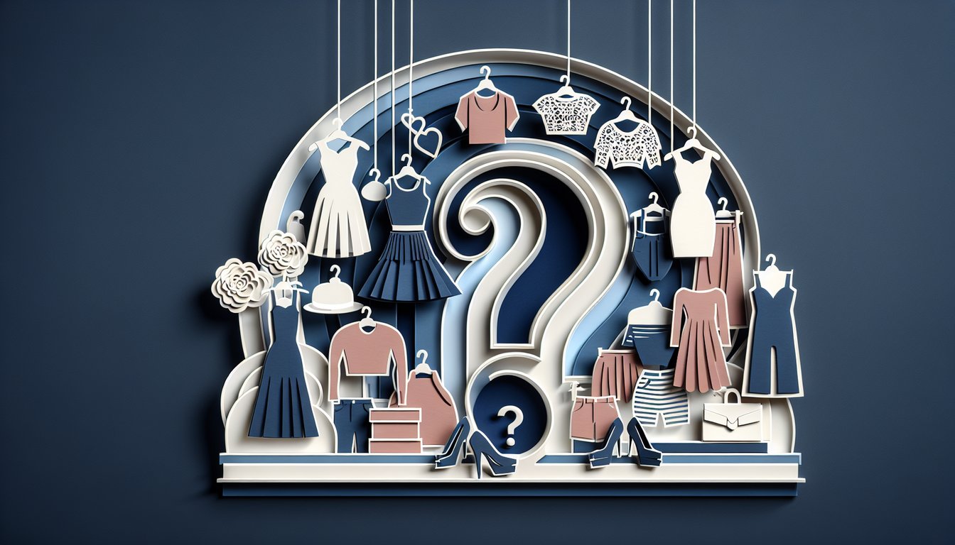 Paper art illustration of clothing accessories and stylized silhouettes on dark blue background for fashion IQ quiz