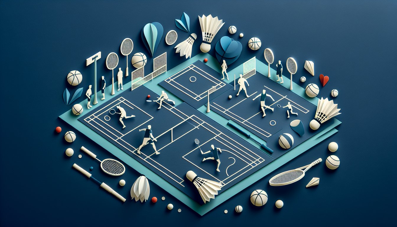 3D voxel art showcasing various indoor court activities including basketball, tennis, and volleyball.