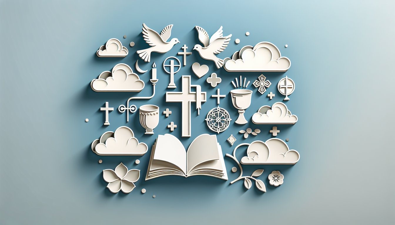 Paper art illustration of catechism quiz with open book chalice cross rosary text on sky blue background
