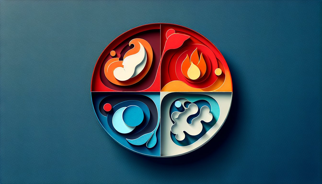 Paper art cutouts of four humor symbols in pastel tones layered on dark blue backdrop hinting at temperament quiz.