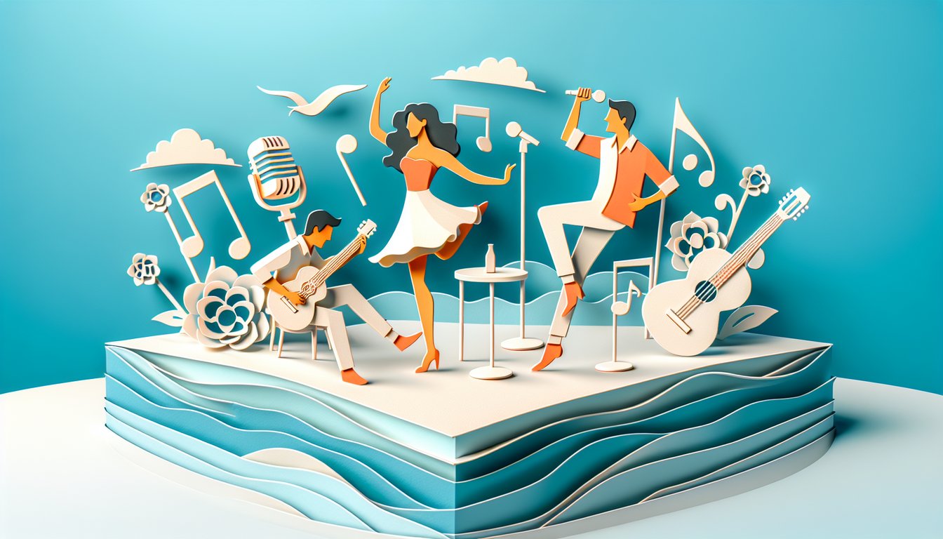 Paper art style illustration of Spanish action word quiz featuring bailar cantar and more on a sky blue background