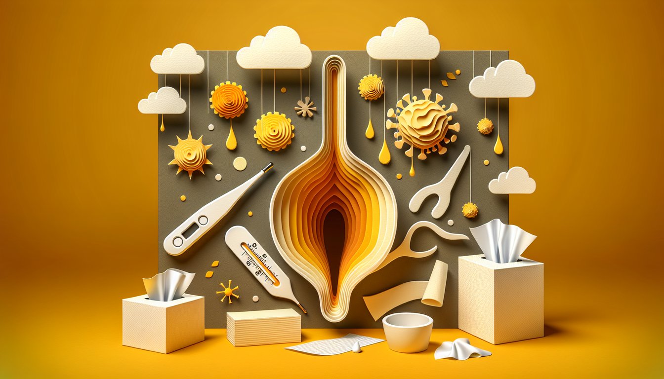 Paper art illustration with throat icon thermometer and cough bubbles on golden yellow background for strep throat quiz
