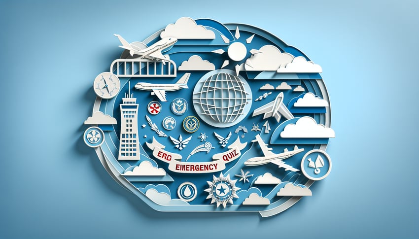 Paper art quiz scene with layered Air Force emblem shield lightning bolt quiz form pencil on sky blue background