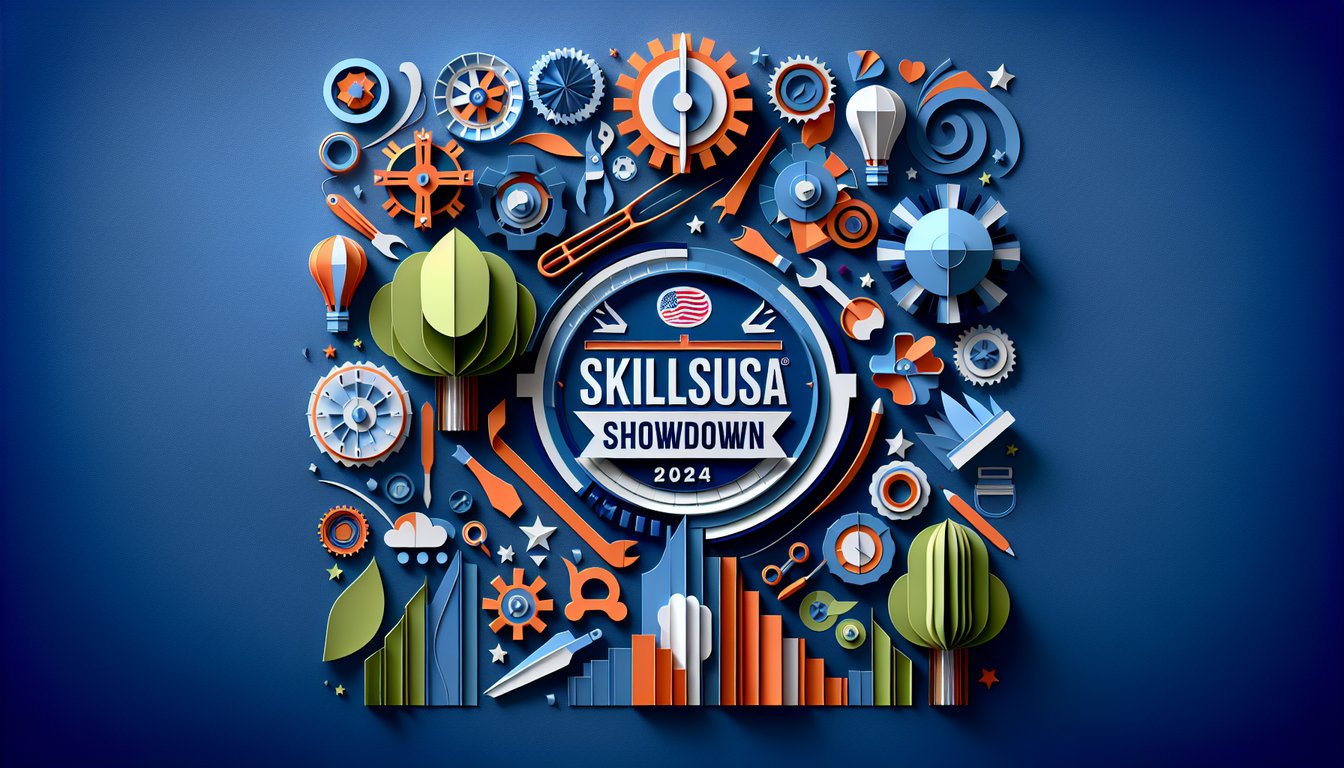 Paper art illustrating trivia quiz for high school students about SkillsUSA Showdown 2024.