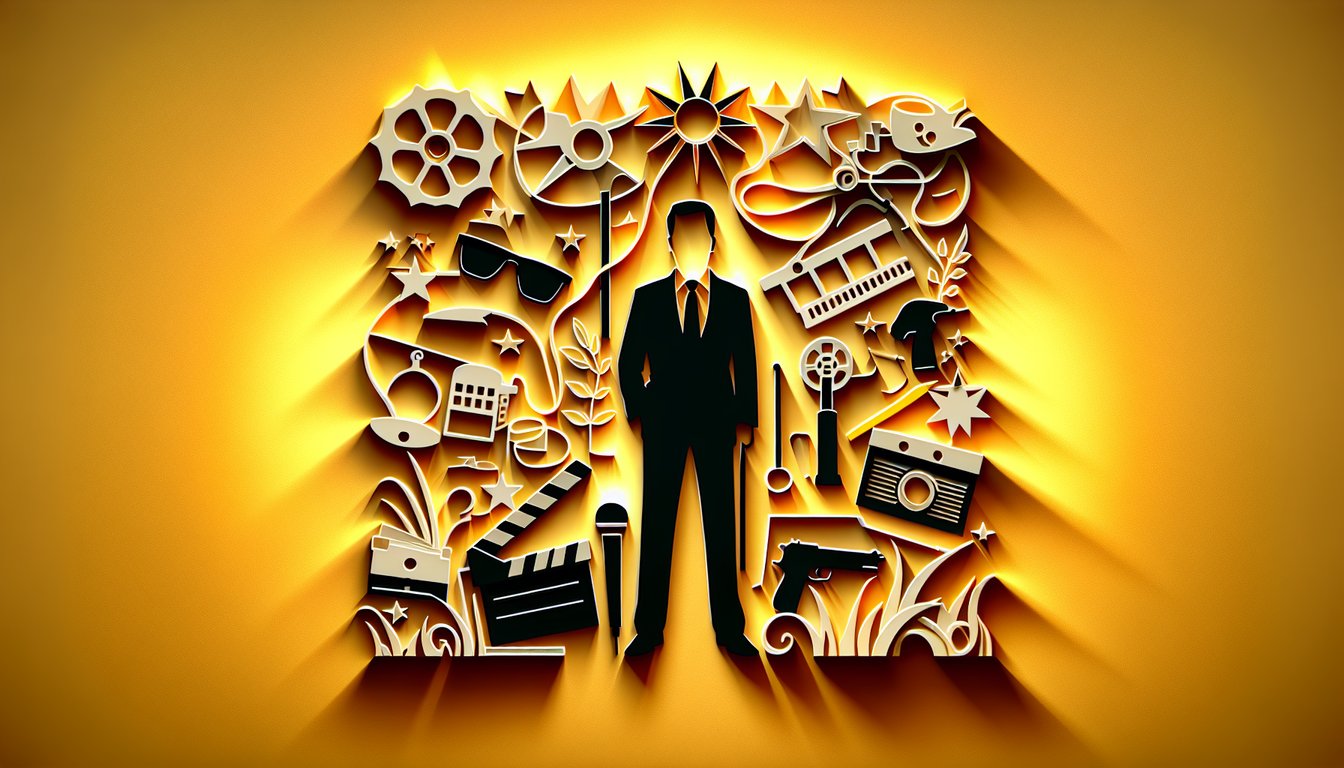 Paper cut art illustration featuring stylized Cillian Murphy profiles and role icons on a golden yellow background