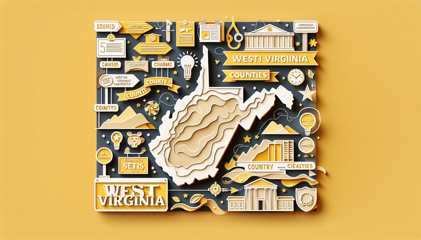 Paper art West Virginia map with county boundaries county seat labels quiz icons on golden yellow background.