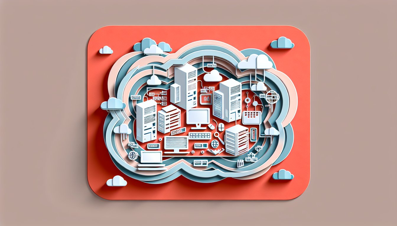 Paper art illustration of server network and folder icons on coral background for Windows Server AD configuration quiz