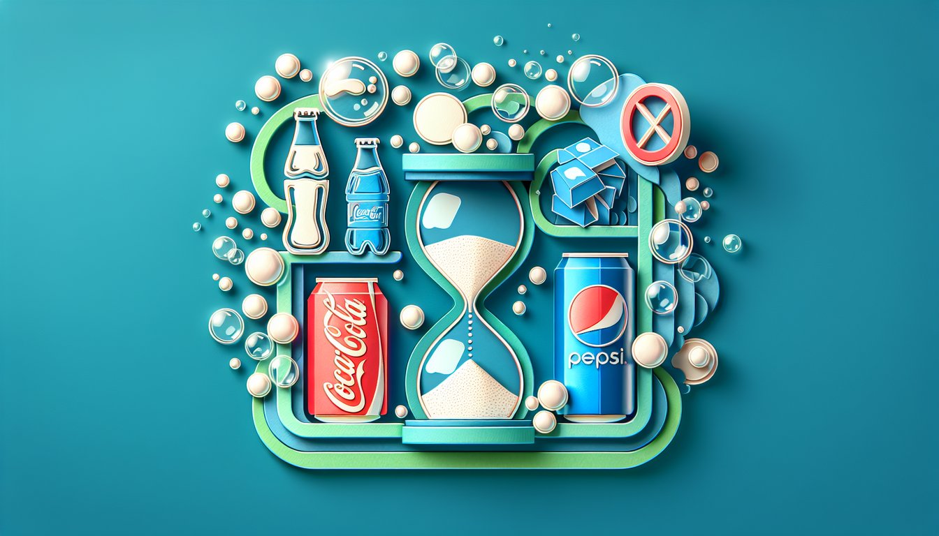 Paper art style Coke versus Pepsi quiz graphic with soda bottles, cans, question marks on teal background