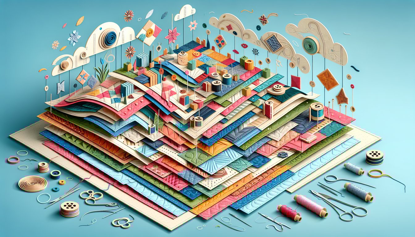 Paper art quilt blocks thread needle scissors on sky blue background quiz challenge for quilt terms patterns techniques