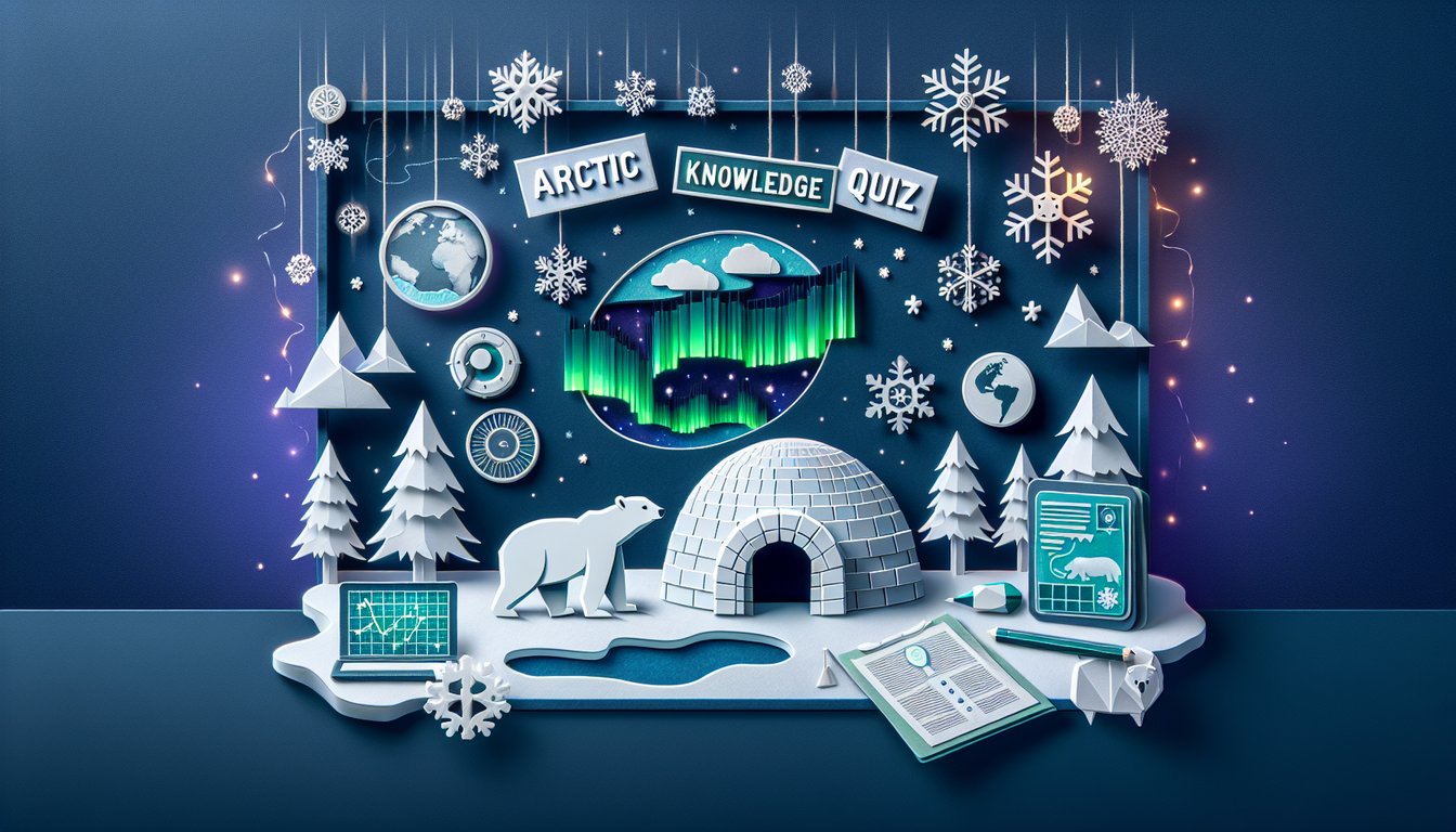 Colorful paper art depicting Arctic animals and icebergs for an Arctic Knowledge Quiz.